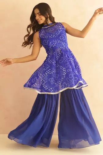 Krisha blue bandhej sharara coord set