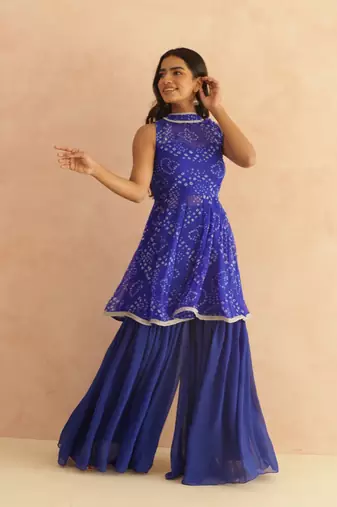 Krisha blue bandhej sharara coord set