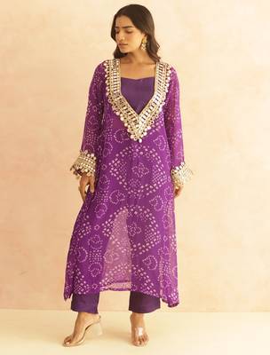 Qirat purple bandhej mirror lace work fusion set 1