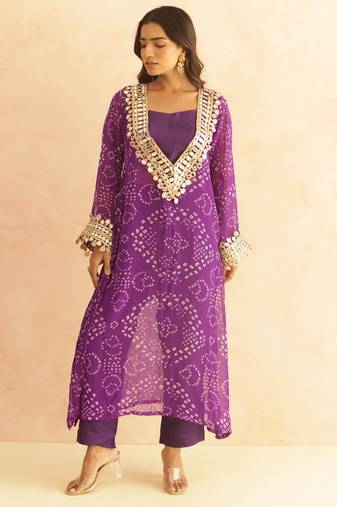 Qirat purple bandhej mirror lace work fusion set