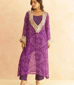 Qirat purple bandhej mirror lace work fusion set