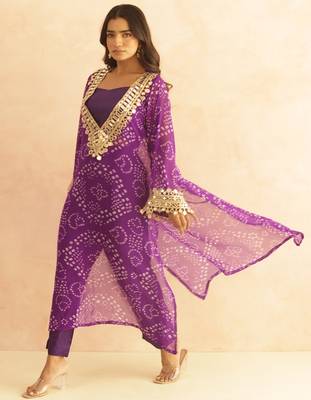 Qirat purple bandhej mirror lace work fusion set 2