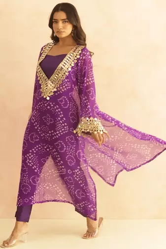Qirat purple bandhej mirror lace work fusion set