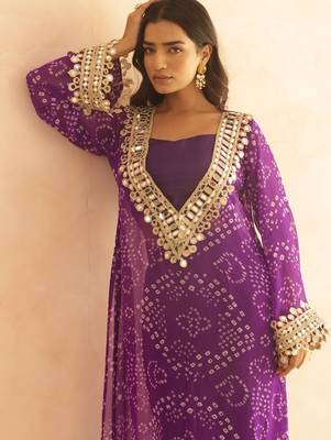 Qirat purple bandhej mirror lace work fusion set 3
