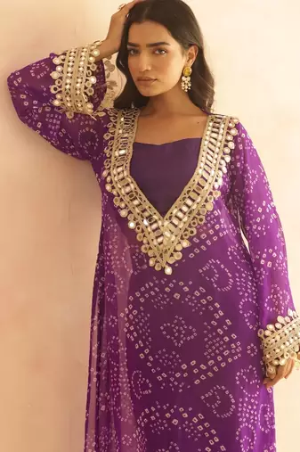 Qirat purple bandhej mirror lace work fusion set