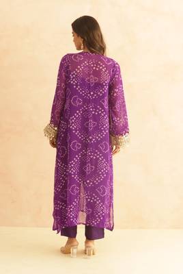 Qirat purple bandhej mirror lace work fusion set 4