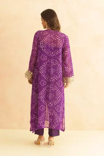 Qirat purple bandhej mirror lace work fusion set