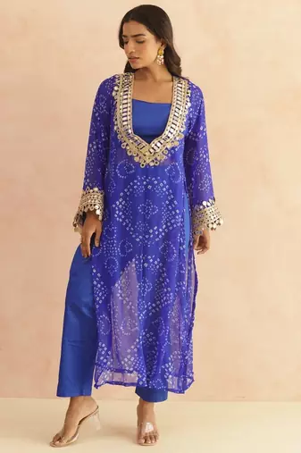 Ravina royal blue bandhej mirror lace work fusion set