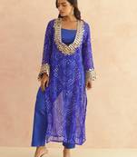 Ravina royal blue bandhej mirror lace work fusion set