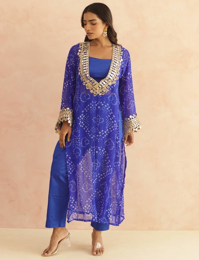 Ravina royal blue bandhej mirror lace work fusion set