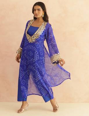 Ravina royal blue bandhej mirror lace work fusion set 2