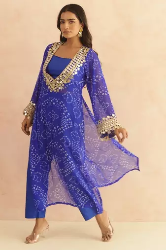 Ravina royal blue bandhej mirror lace work fusion set