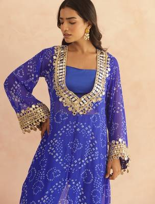 Ravina royal blue bandhej mirror lace work fusion set 3