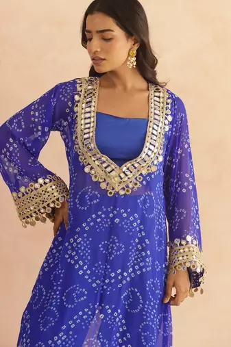 Ravina royal blue bandhej mirror lace work fusion set