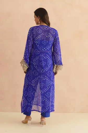 Ravina royal blue bandhej mirror lace work fusion set