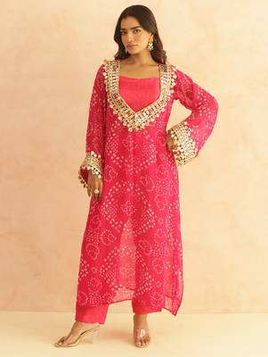 Nitya magenta pink bandhej mirror lace work fusion set 1