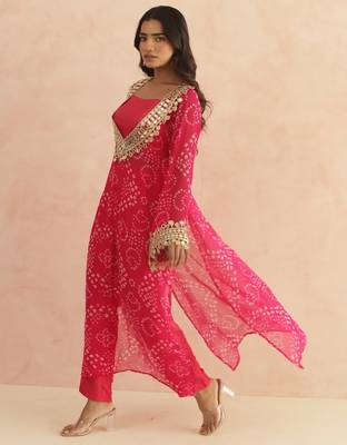 Nitya magenta pink bandhej mirror lace work fusion set 2
