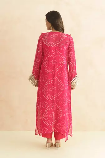Nitya magenta pink bandhej mirror lace work fusion set