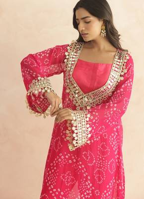 Nitya magenta pink bandhej mirror lace work fusion set 4