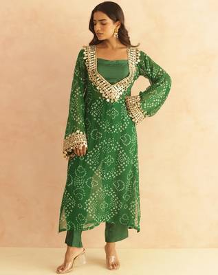 Editha green bandhej mirror lace work fusion set 1