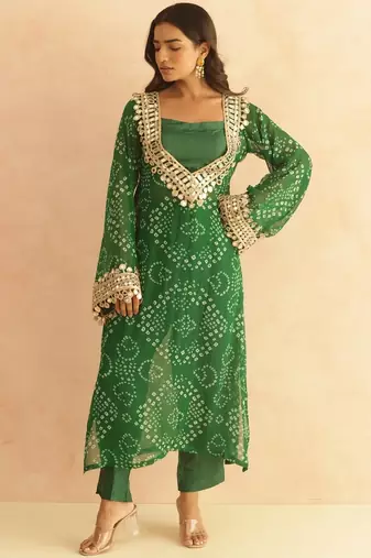 Editha green bandhej mirror lace work fusion set
