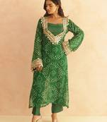 Editha green bandhej mirror lace work fusion set