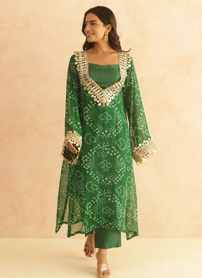 Editha green bandhej mirror lace work fusion set 2