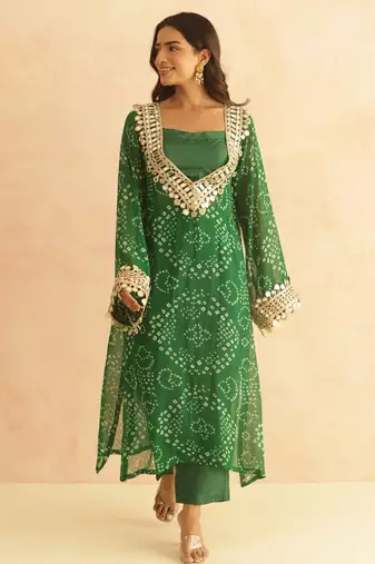 Editha green bandhej mirror lace work fusion set