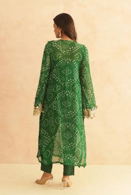 Editha green bandhej mirror lace work fusion set 3