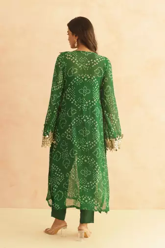 Editha green bandhej mirror lace work fusion set