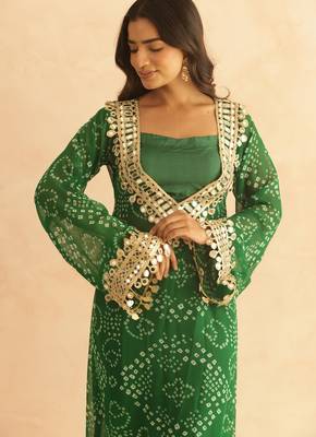 Editha green bandhej mirror lace work fusion set 4
