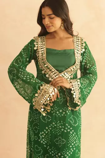 Editha green bandhej mirror lace work fusion set