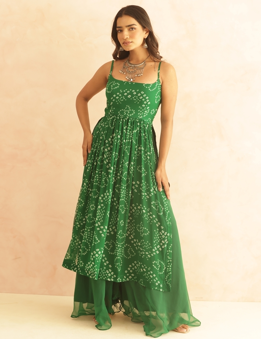 Mihira Green Bandhani Kurta Set Stitched