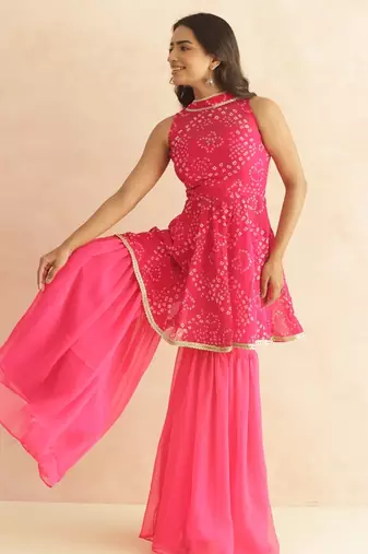 Prisha pink bandhej sharara coord set