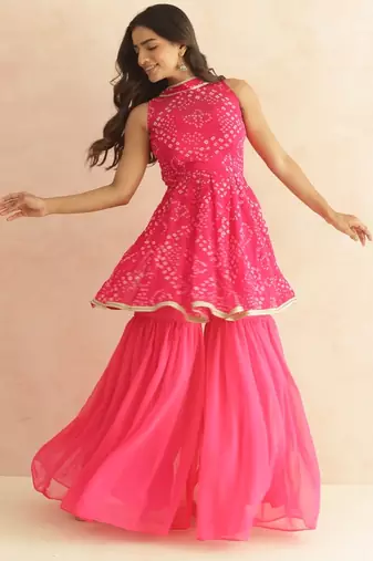 Prisha pink bandhej sharara coord set