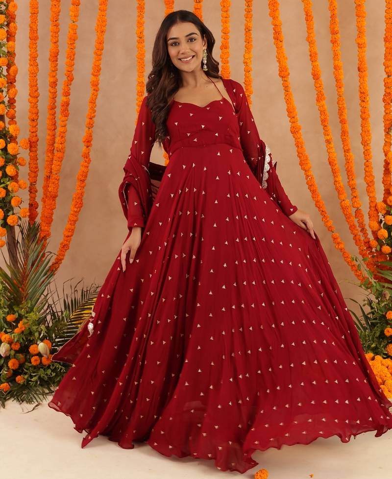 Ishani red anarkali set