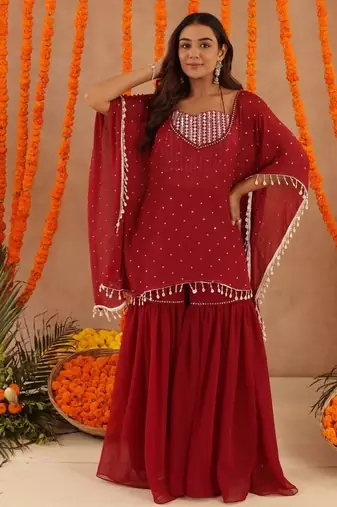 Kimaya red kaftan sharara set