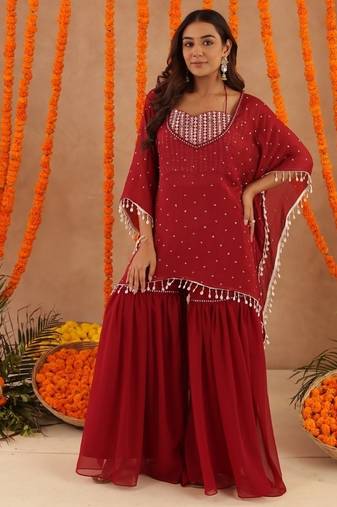 Kimaya red kaftan sharara set
