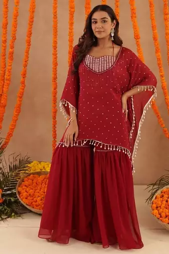 Kimaya red kaftan sharara set