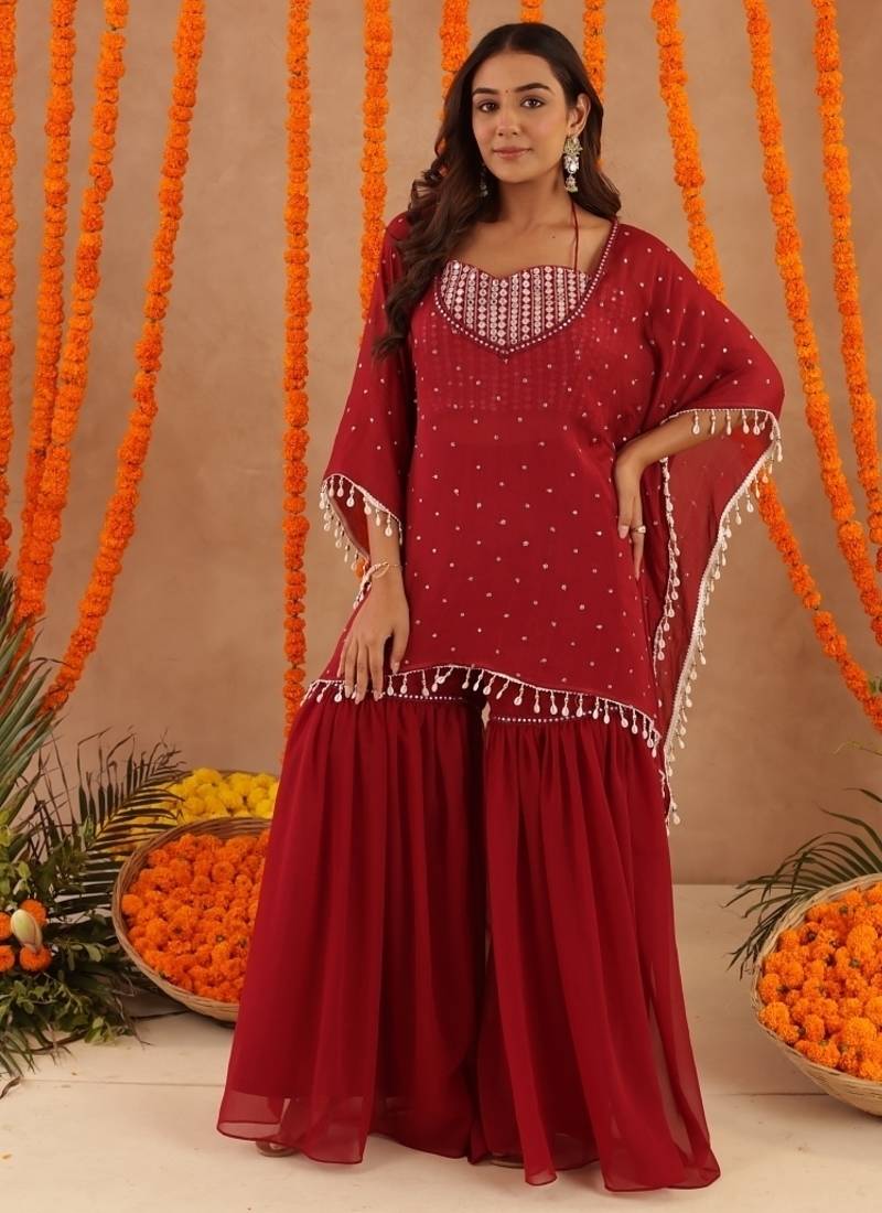Kimaya red kaftan sharara set
