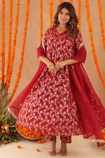 Geet red brocade anarkali set