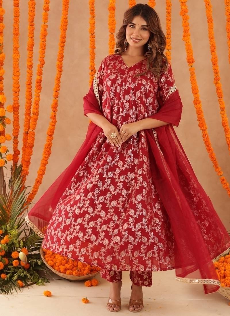 Geet red brocade anarkali set