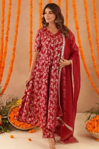 Geet red brocade anarkali set