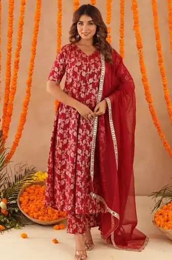 Geet red brocade anarkali set