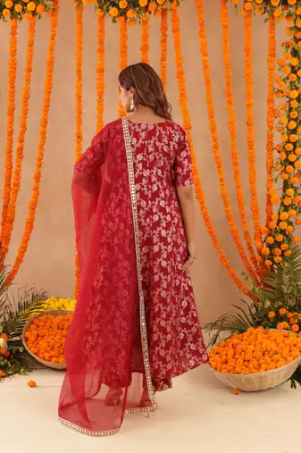 Geet red brocade anarkali set
