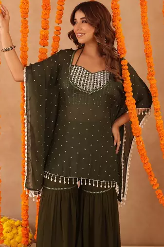 Samaya green detailed kaftan sharara set