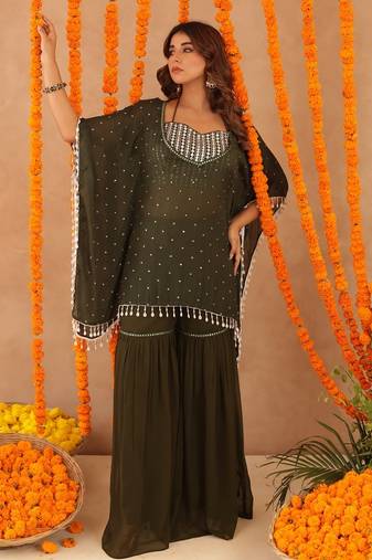 Samaya green detailed kaftan sharara set