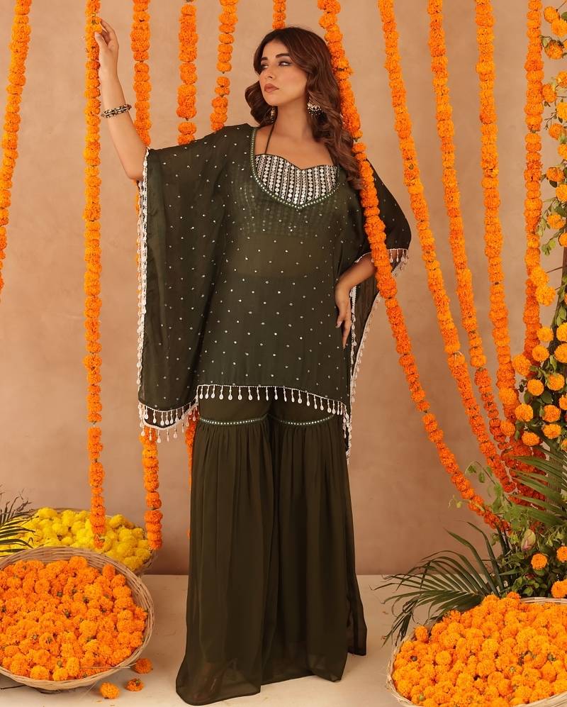 Samaya green detailed kaftan sharara set