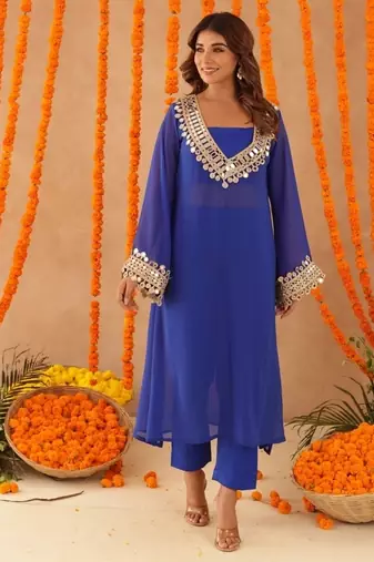 Mousmi royal blue mirror lace work fusion set