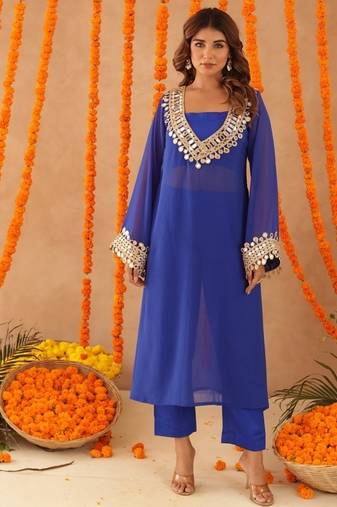 Mousmi royal blue mirror lace work fusion set
